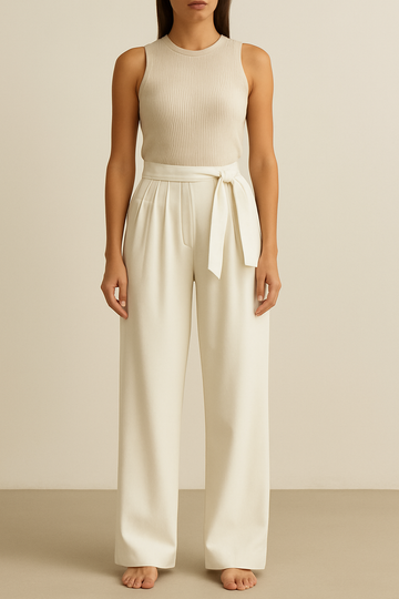 Off white Pleated Tie- waist Trouser